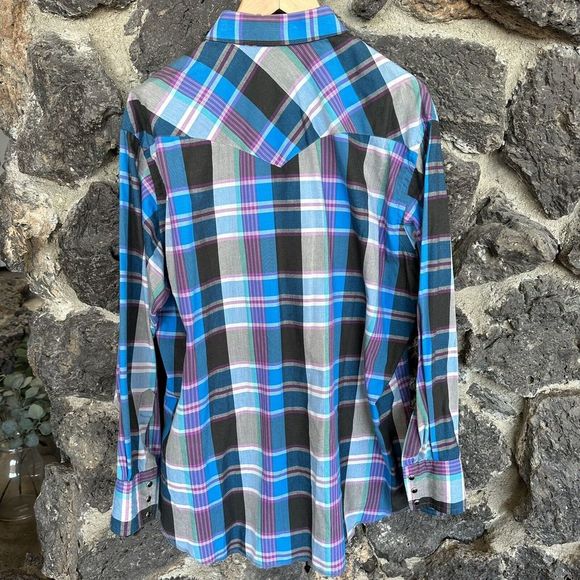 VTG Wrangler Western Shirt Mens Turquoise Plaid Pearl Snap Cowboy Cut - Picture 3 of 5